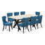 Ensemble de table de salle à manger 9 pièces comprenant une table de salle à manger rectangulaire avec pieds en X et 8 chaises Parson rembourrées en tissu bleu, finition noire-612099317
