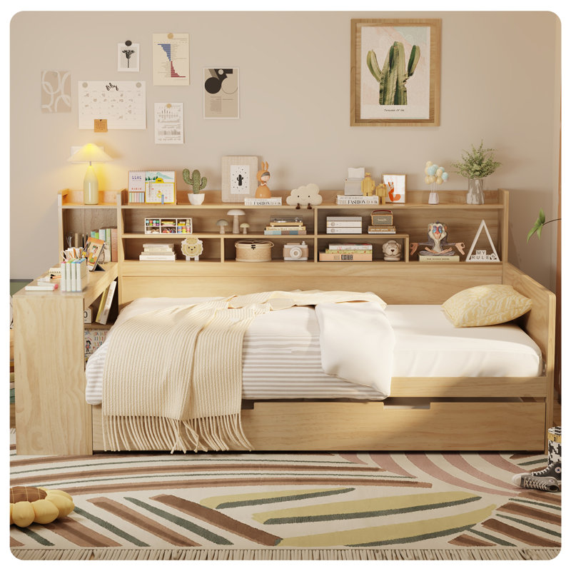 Multi-functional Daybed With Desk, Trundle And Bookcase, Natural, Full