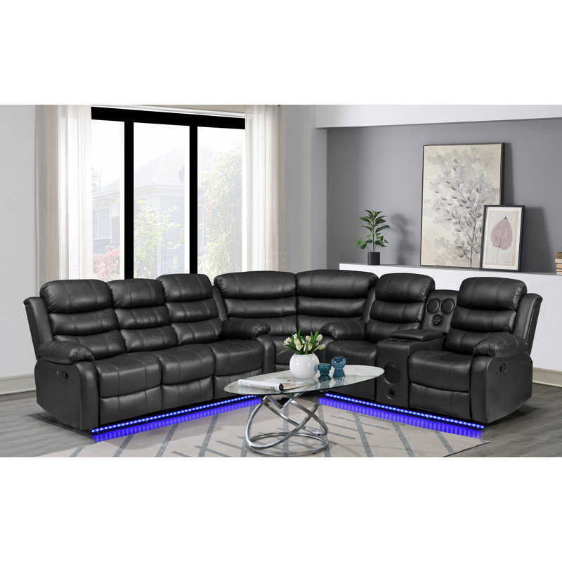 Bracyn 3 - Piece USB Vegan Leather Reclining Sectional with Sound System, Black Faux Leather