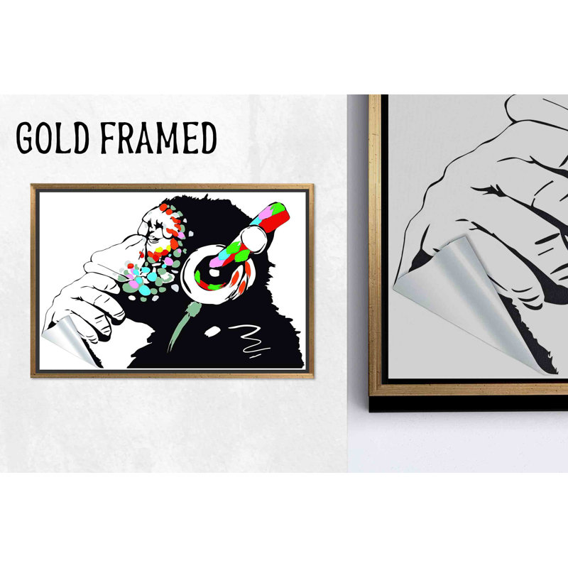 Toile imprimée: Banksy Monkey Art - Graffiti Gorilla avec écouteurs, 1P GoldFramedCanves