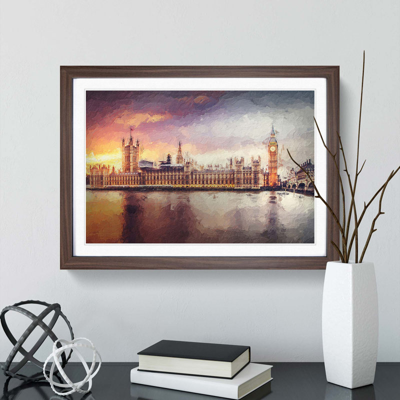 Big Ben And Houses Of Parliament In Abstract - Single Picture Frame Painting, 24cm H x 33cm W x 2cm D, Walnut Framed