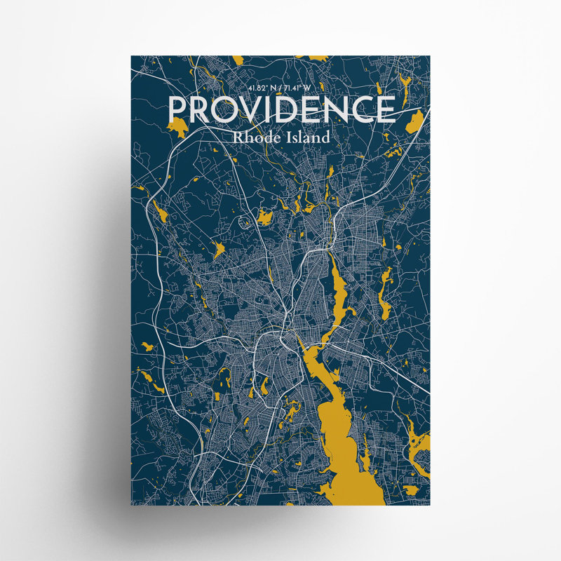 Providence, carte de la ville, impression, H 36 po x l 24 po, Bleu / jaune