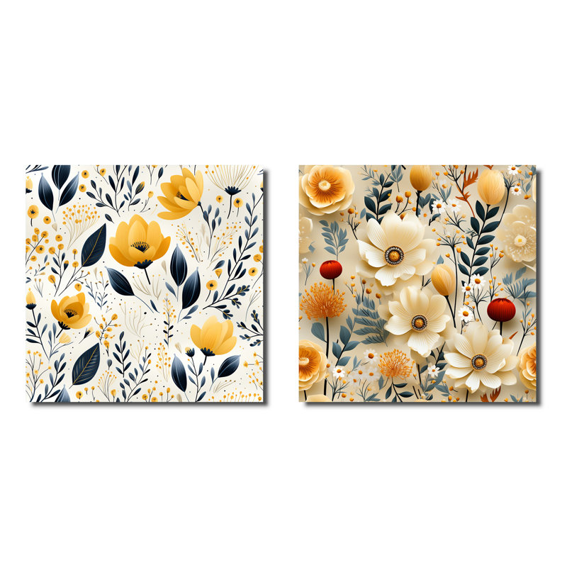 Erwan - Ensemble de 2 collages carrés botaniques abstraits, H 36 po x l 73 po, Toile tendue