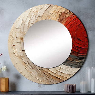 Saïda beige rouge avec spirales poteries I - grand miroir à spirales abstraites, décor de miroir mural rond unique moderne, art imprimé en métal