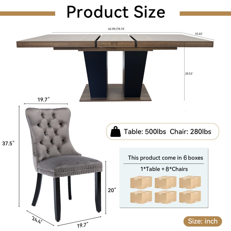 62.99" -78.74" Extendable Dining Table Set, Black&Brown Dining Room Table & Velvet Dining Chairs with Wood Leg, Rustic Kitchen Dining Table and Chairs Set, Modern Dining Table Set