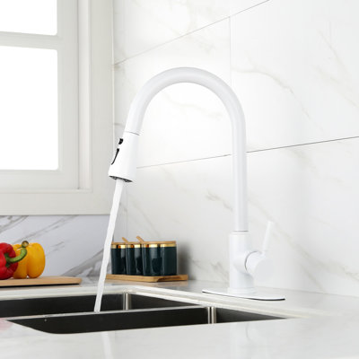 Modern White Kitchen Faucet With Stainless Steel, Pull Out Spray Functionality, 360 Rotating Nozzle, Two Water Output Settings, Simple And Convenient Single Control Steel In White, For Workflow,