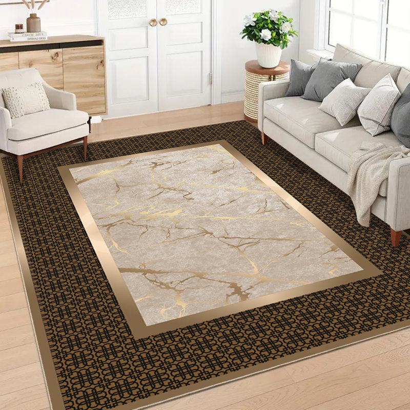 Tapis en marbre doré clair de luxe rétro avec envers en caoutchouc antidérapant, tapis intérieur / extérieur en polypropylène touffeté lavable