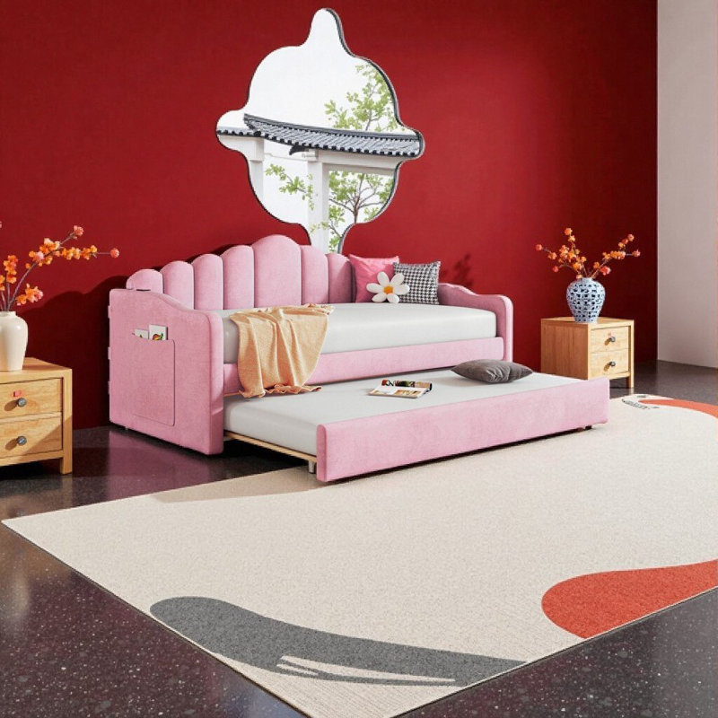 Lit de jour simple rembourré avec couchette coulissante, canapé-lit en velours, ports de chargement USB, velours rose (aucun sommier nécessaire)