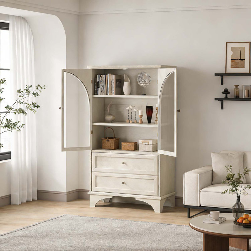 Vitrine porte vitrée vintage avec 2 tiroirs et tablette réglable, Blanc