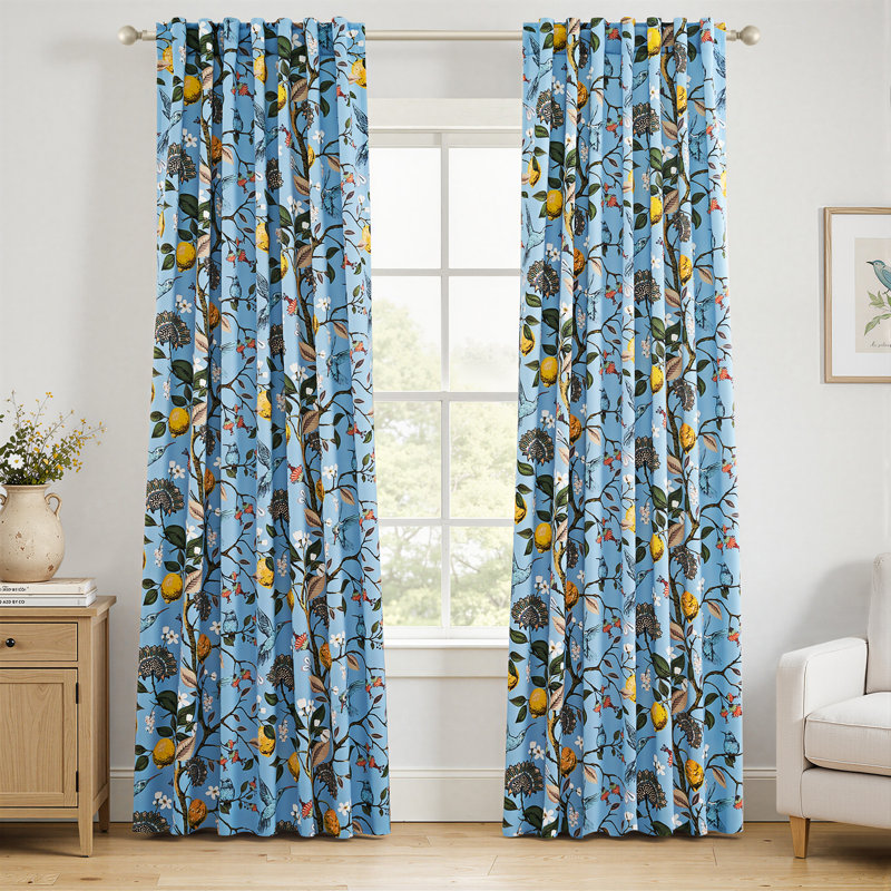 Fancy Hummingbird Patterned  Room Darkening Curtain,Rod Pocket Back Tab Floral Drapes,Set of 2, 52" W x 84" L, Light Blue