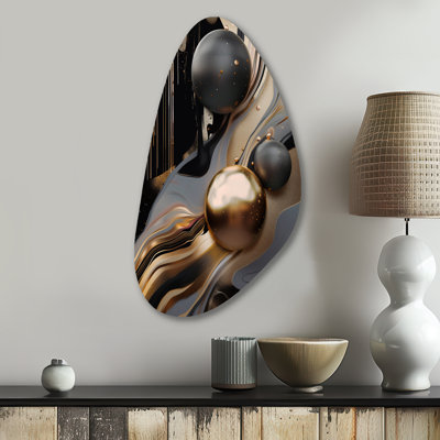 Or et marbre noir Mirage I - décoration murale en métal de forme unique en marbre, impression d'art asymétrique en métal doré
