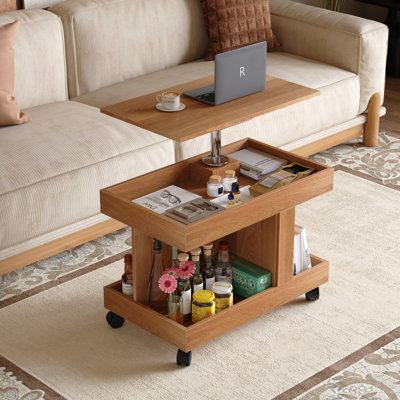 Mobile Side Table with 360° Rotating Desktop and Storage Shelf
