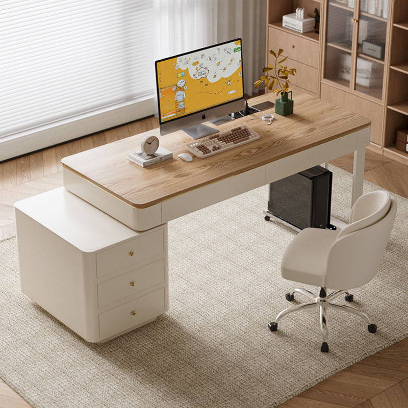 Bureau 5 pièces Burlywood + pierre frittée rectangulaire beige + blanc + bois manufacturé, Retour à gauche