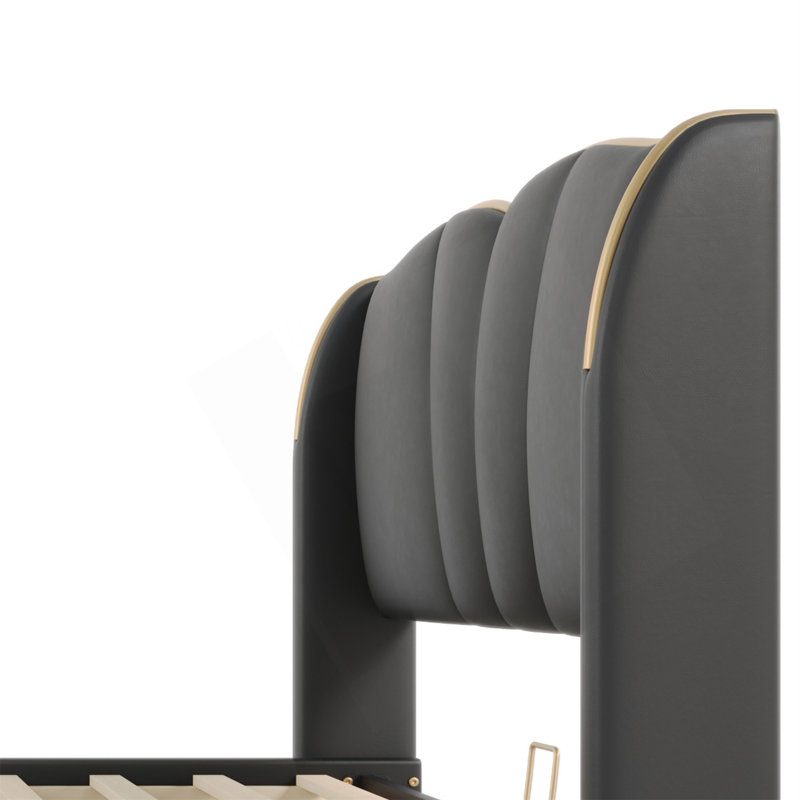 Structure de lit tapissier en cuir grand lit, lit plateforme tapissier avec pied de lit ondulé, aucune boîte à ressorts nécessaire