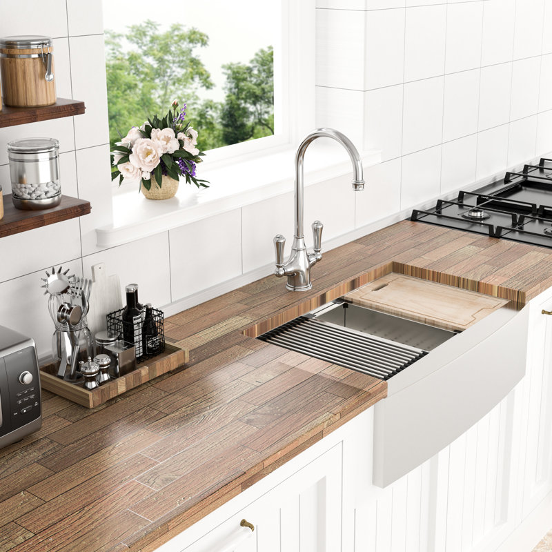 Évier en acier inoxydable 33 po x 21 po x 9 po - lisse et avec passe-tringle 33 po pour cuisine, rebord intégré, drain