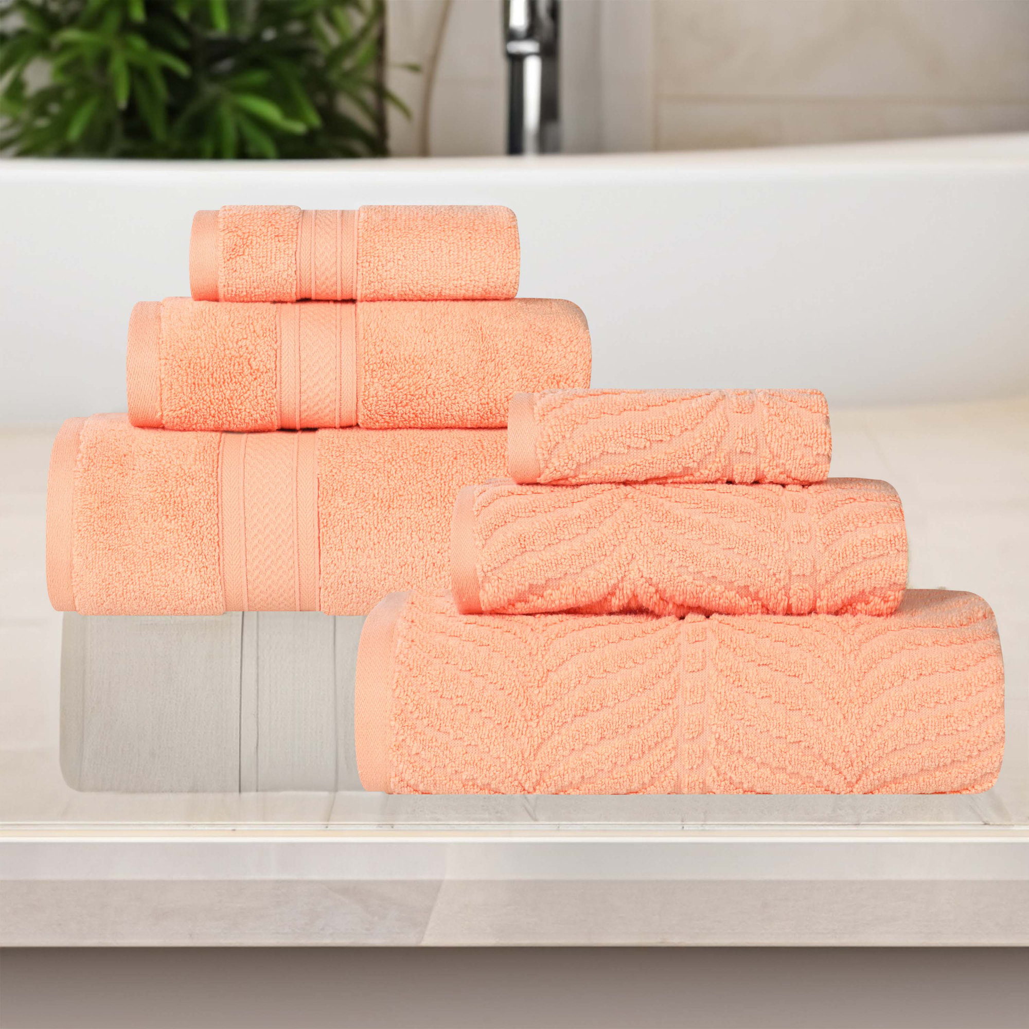 Amaretto Chevron Zero Twist Solid and Jacquard Cotton 6 Piece Bathroom Towel Set, Peach