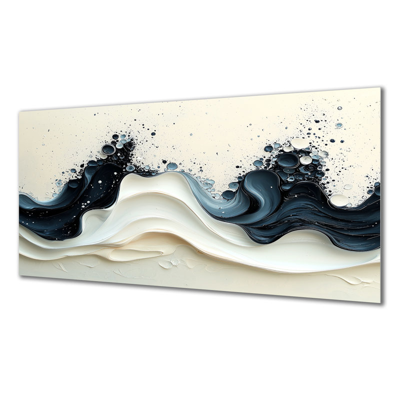 Noir et blanc, vague rythmique de rivière V - reproduction d'art moderne en métal, goutte à goutte, peinture murale