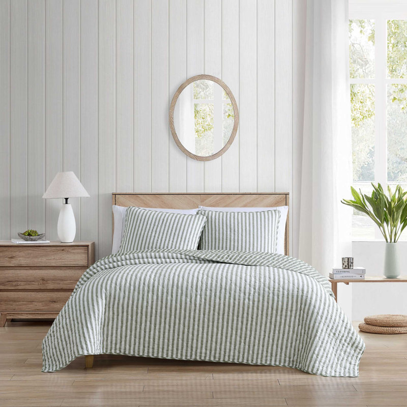 Ensemble de courtepointe en coton rayé vert Stone Cottage Willow Way, Courtepointe grand + 2 taies décoratives standard