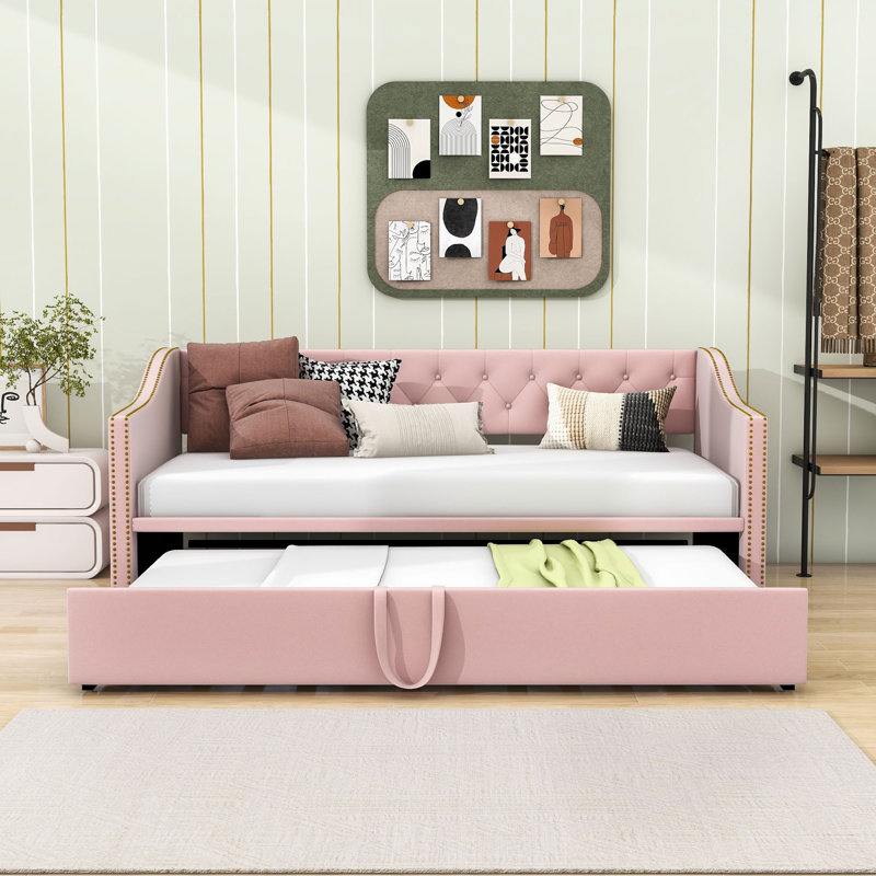 Twin Velvet Daybed with Pop-Up Twin Trundle, Pink