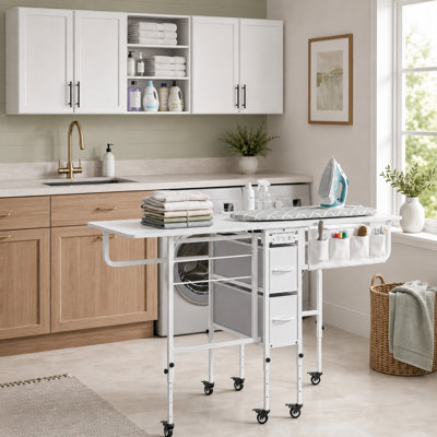 Rolling Ironing Table with Storage Drawer, Folding Craft Table on Wheels, Adjustable Height Wooden Ironing Station, Heat-Resistant Laundry & Sewing Table