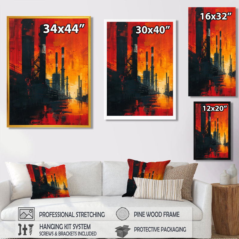 Décoration murale «Red Orange Industrial Industrial Landscape II - Factories», Toile tendue, H 20 po x l 12 po x P 1 po