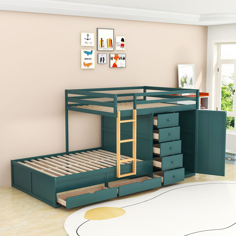 Lit double superposé double avec tiroirs de rangement et garde-robe, Vert Morandi