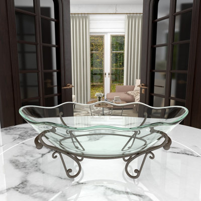 Bol de service en verre trempé à bords festonnés avec support à volutes en métal bronze