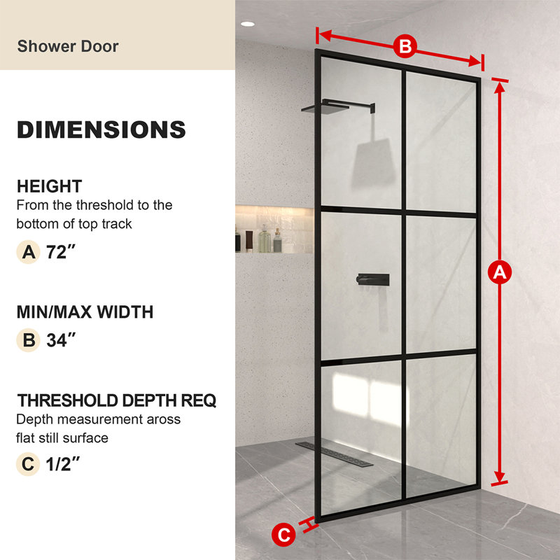 Hilma 34 In. W X 72 In. H Fixed Framed Shower Door In Matte Black Finish With Patterned Glass