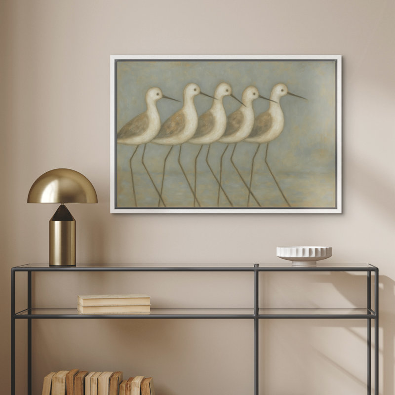 Shorebirds Coastal Wall Art - Minimalist Illustration of Wading Birds, Framed Beach-Themed Decor in Soft Tones for Seaside Spaces