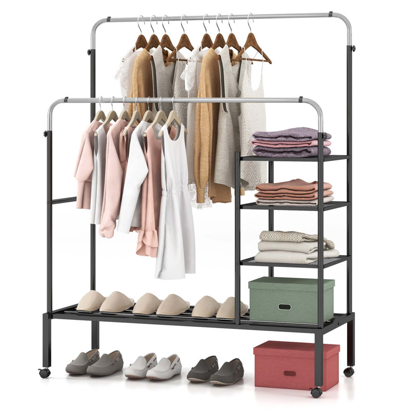 53'' Rolling Industrial Pipe Clothing Rack, Silver/Black