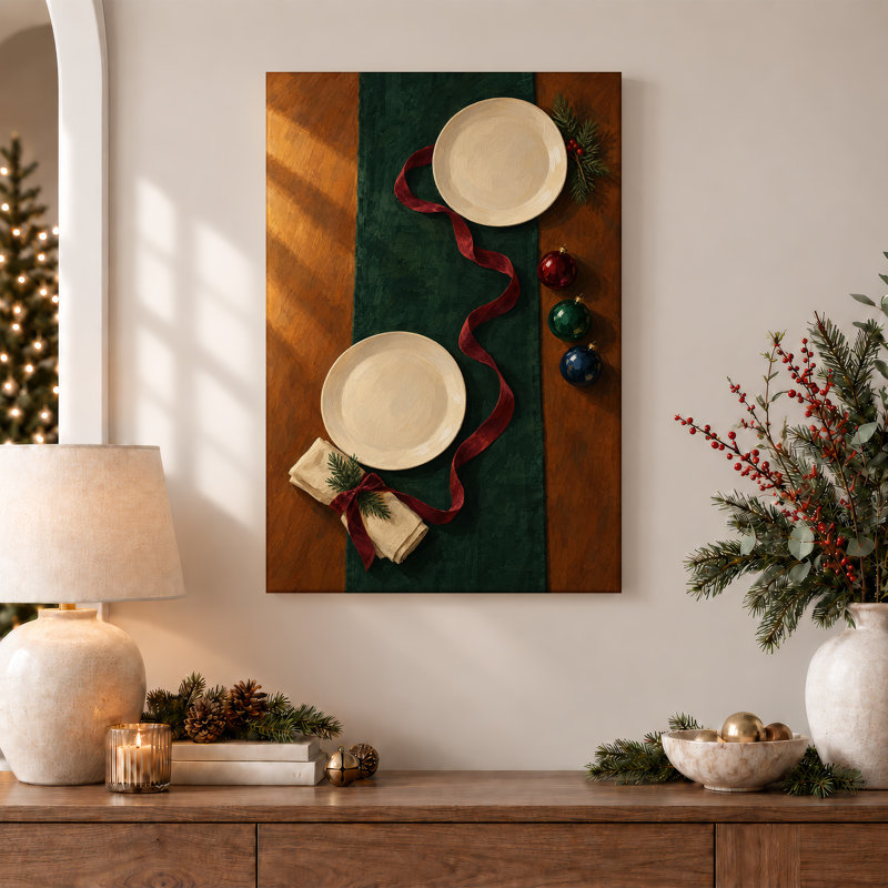 Art de la table avec des plaques blanches et un ruban rouge, H 24 po x l 16 po