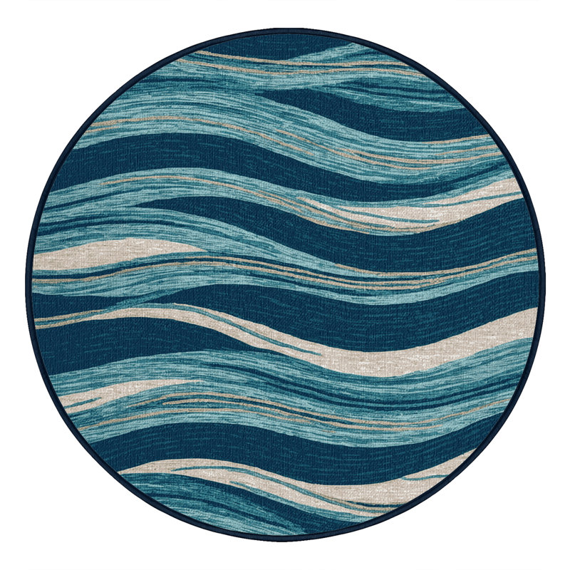 Washable Ocean Ripples Hawaiian Area Rug, Round 5'