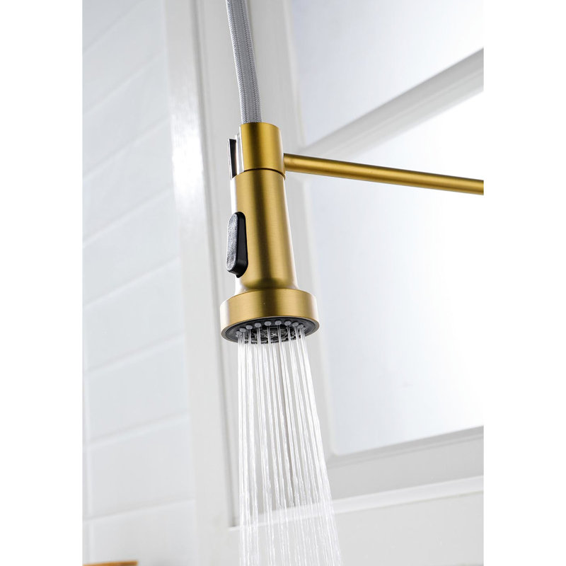 Pull Down Spring Loaded Kitchen Faucet In Brushed Gold, Stainless Steel, 360 Rotating Nozzle, Dual Water Output Settings For Various Purposes Gold Pull-Down Faucet, Stream And Spray Options, Easy