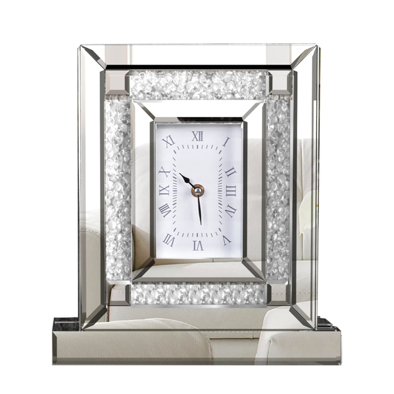Mirrored Glass Desk Clock Crushed Diamond Mirrored Decorative Art Table Clock Silver