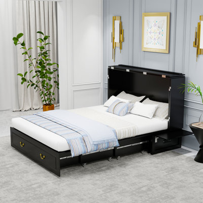 Grand lit escamotable noir avec matelas pliable