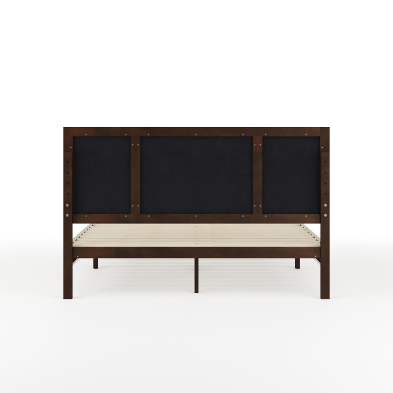 Queen Dark Brown and Beige Upholstered Wood Platform Bed