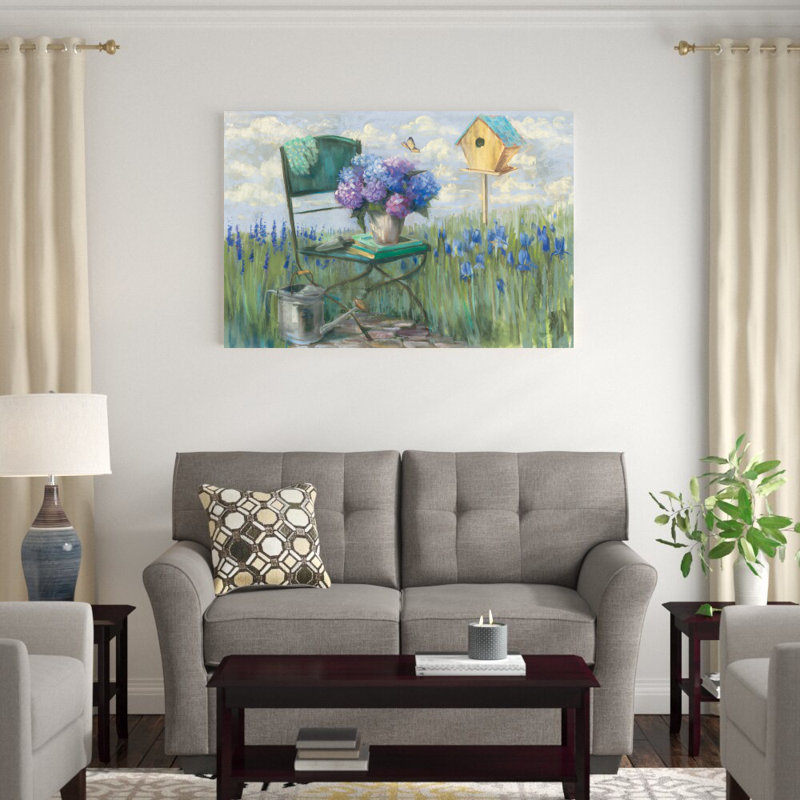 «Green Chair with Hydrangea» par Carol Rowan, reproduction d'art sur toile tendue, H 32 po x l 48 po