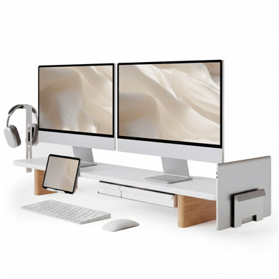 Modular Dual Monitor Stand Riser with Solid Ash Wood Leg, 42.5" Brown