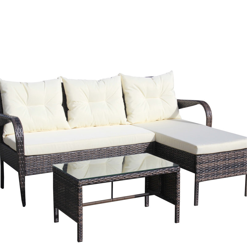 Mobilier de patio 3 pièces: canapé modulaire avec coussins beiges - élégant 2 places, méridienne tranquille, table basse moderne pour l'extérieur et verre