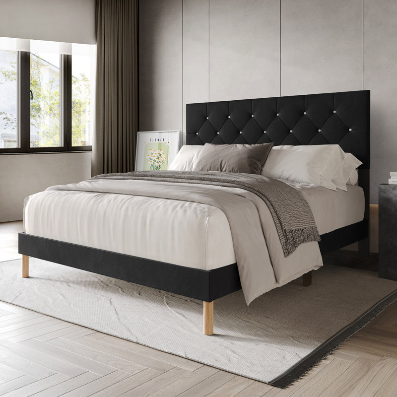 Velvet Upholstered Bed, Black, Full