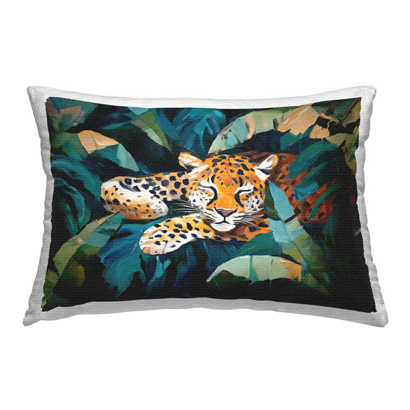 Coussin décoratif d'extérieur imprimé léopard «Sleeping in Leaves» par Ramona Murdock