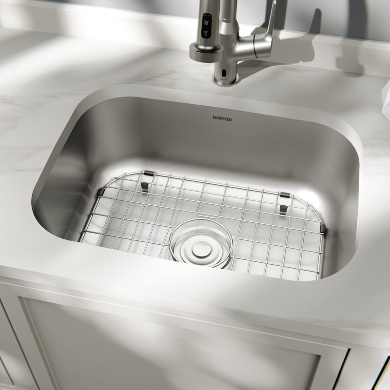 Évier de cuisine à cuve simple encastrable en acier inoxydable de calibre 18 avec accessoires Karran Profile