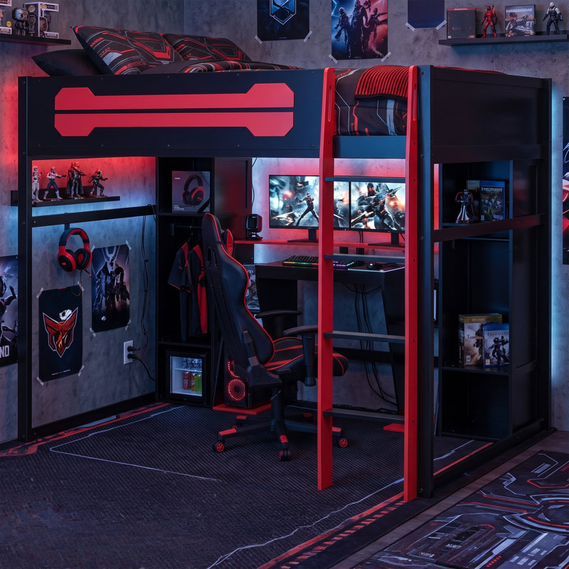 Lit mezzanine double en bois avec bureau, lumière DEL RVB, charge USB, armoire et armoires de rangement, rouge