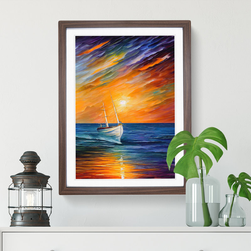 Boat at Sunset No.4 - Wall Art, 36cm H x 27cm W x 2cm D, Walnut Framed, White