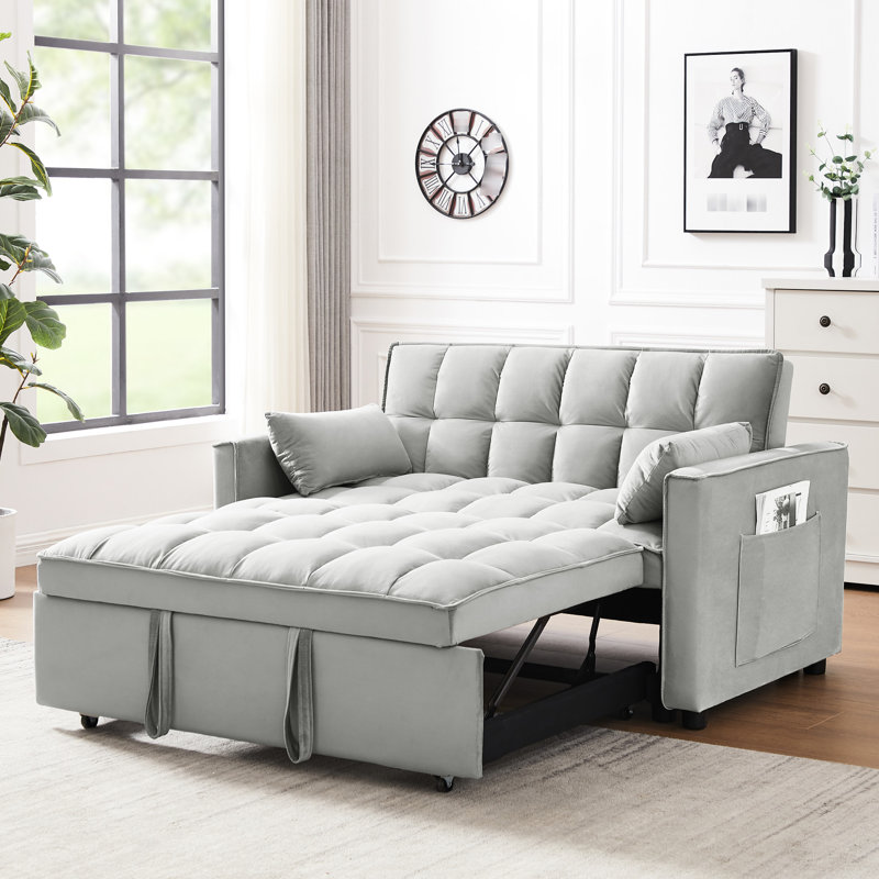 Canapé-lit en velours convertible avec lit escamotable et coussins confortables, canapé 3 en 1 gris réglable