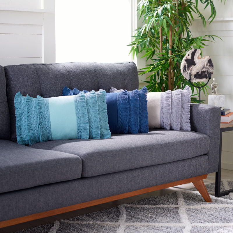 Light Grey and Periwinkle Fringed Cotton Rectangular Throw Pillow