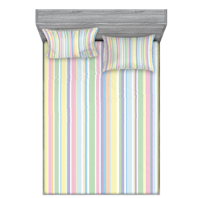 Microfiber Striped Sheet Set, Queen Sheet Set with Fitted Sheet, Yellow/Pink/Green Striped