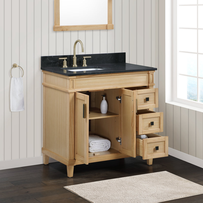 Londa Double Sink Bath Vanity In Natural Wood Finish With Black Carrara Quartz Top, 36"