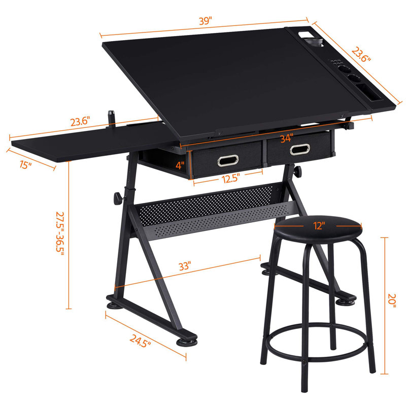 Height Adjustable Drawing and Drafting Table, Black