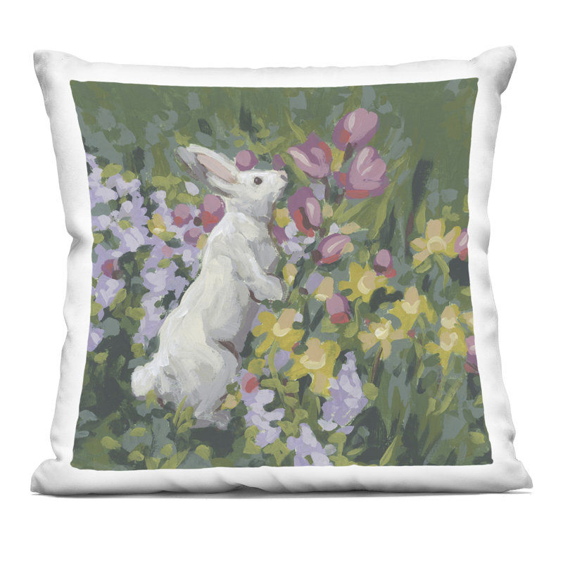 Coussin décoratif imprimé Bunny in Garden Impression, design par June Erica Vess, 18 x 7 x 18, Lapin vert 1